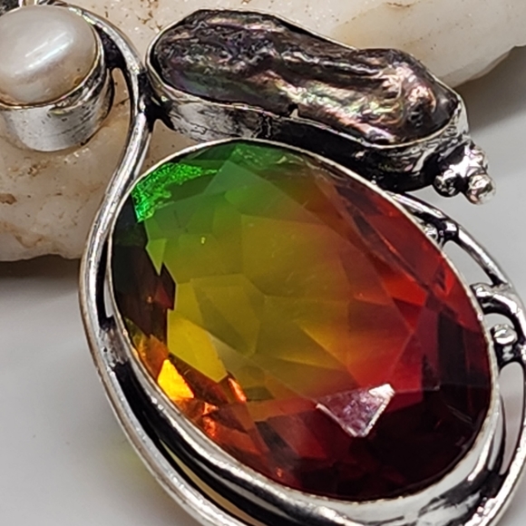 Red/Green Ametrin black Tahitian Pearl Stone Silver 925 Pendant - Picture 9 of 10
